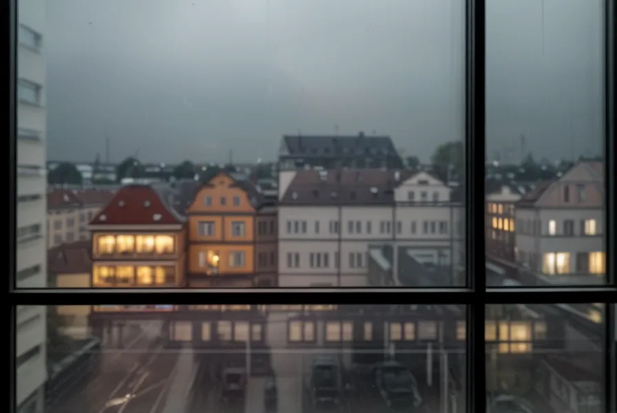 Blick aus einem Fenster in der Karlsruher Südstadt auf eine vorbeifahrende S-Bahn bei Dämmerung.