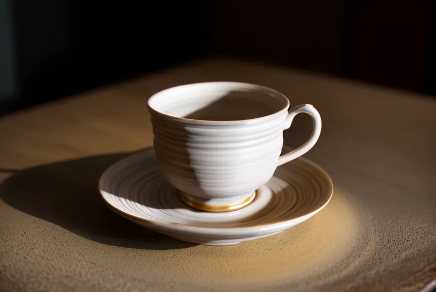 Eine alte Teetasse neben einem Stift auf einem Tisch im Abendlicht.