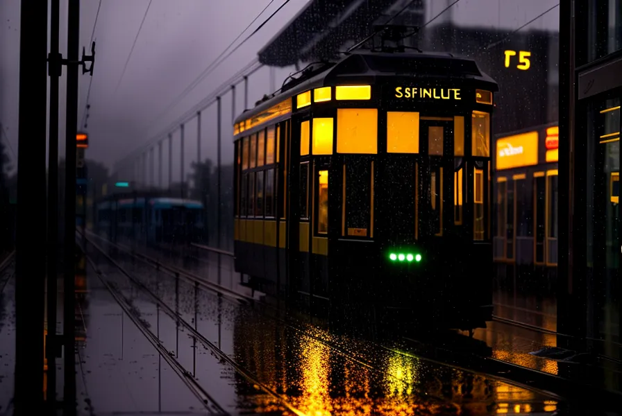 Spiegelung in einer Karlsruher Straßenbahnscheibe bei Dämmerung.